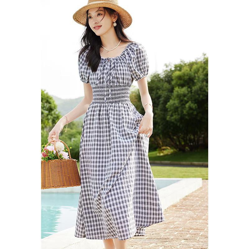 VICTORIA&VERA Women's Plaid Square Neck Puff Sleeve Midi Dress