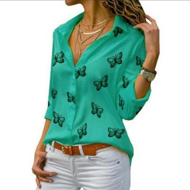 Solid Color Plus Size Women Butterfly Print Chiffon Blouse Long Sleeve Turn Down Collar Button Up Tops
