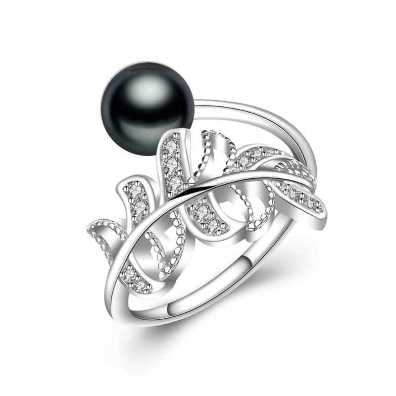 LSOOYH Blatt-natürliche Süßwasserperlen-Ringe für Frauen, zierlicher Bohemia-Zirkonia-verstellbarer Ring