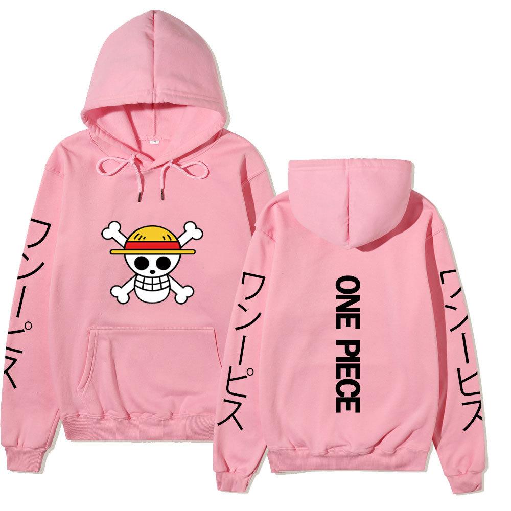One Piece Straw Hat Jolly Roger Hoodie, Japanese Letter Sleeve Print Pullover Sweatshirt Unisex Casual Streetwear