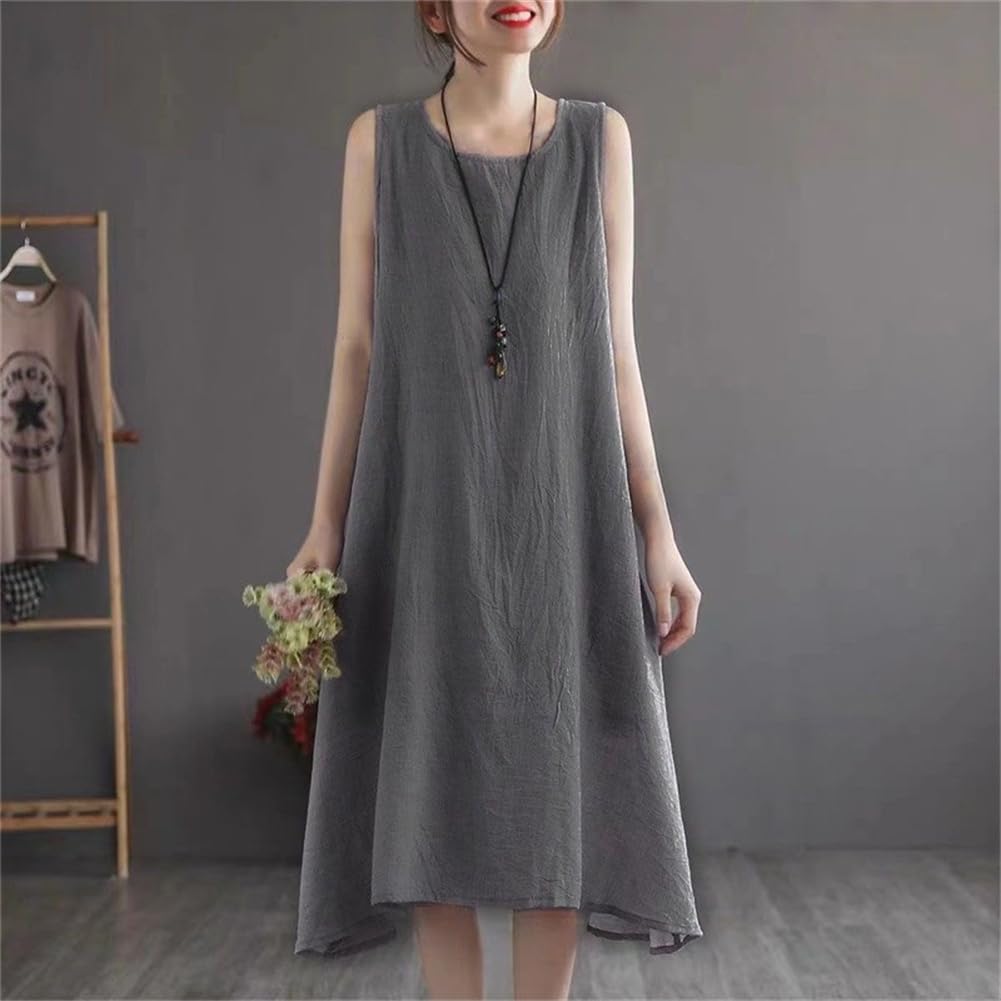 Summer Maxi Solid Plus with Crew Super Resort Dark [SDSXZWG] Women's Dress, Cotton-Linen, Sleeveless, A-Line, Flattering, Size, Neck, Lightweight,