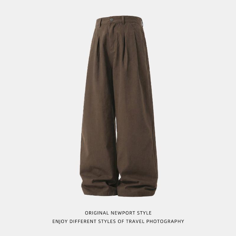 Heren Katoenen Casual Broek Losse Rechte Pijp Dubbele Plooizakken