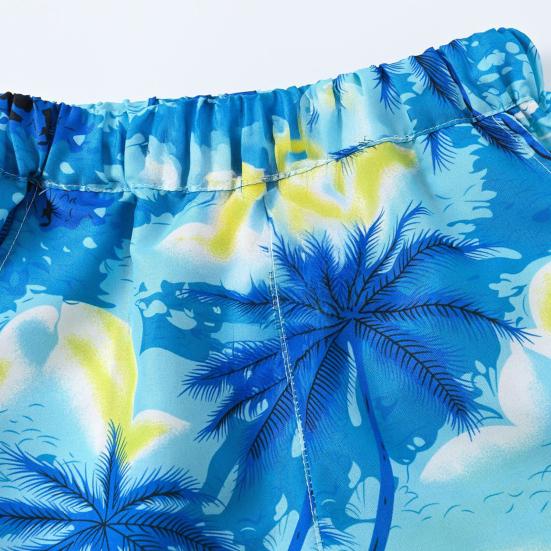 Ensemble Tenue Hawaïenne pour Petit Garçon Chemise à Manches Courtes et Short Motifs Feuilles de Palmier Coucher de Soleil Enfants Bord de Mer Style Noix de Coco Costume Respirant Décontracté Vêtements d'Été pour le Quotidien