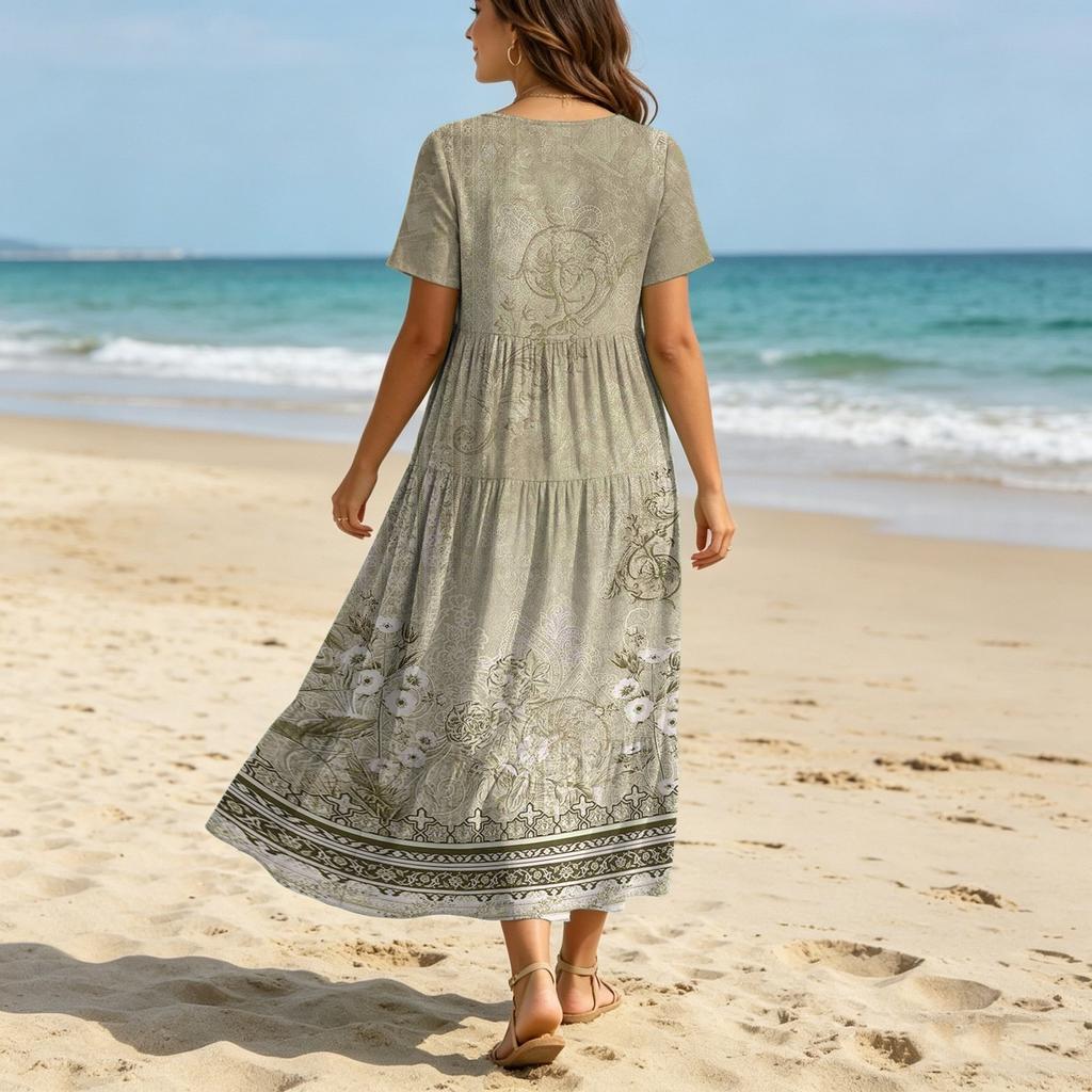 Vestido Midi de Verano para Mujer, Estilo Bohemio, Ajuste Holgado Casual, Estampado Degradado, Manga Corta, Cuello en V, Ropa de Playa