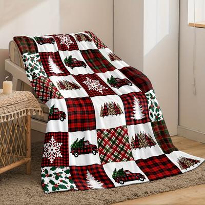 1pc Christmas Plaid Patterned Fleece Blanket ,Sofa, Bed, Travel, Lunch Break, Flannel Blanket.