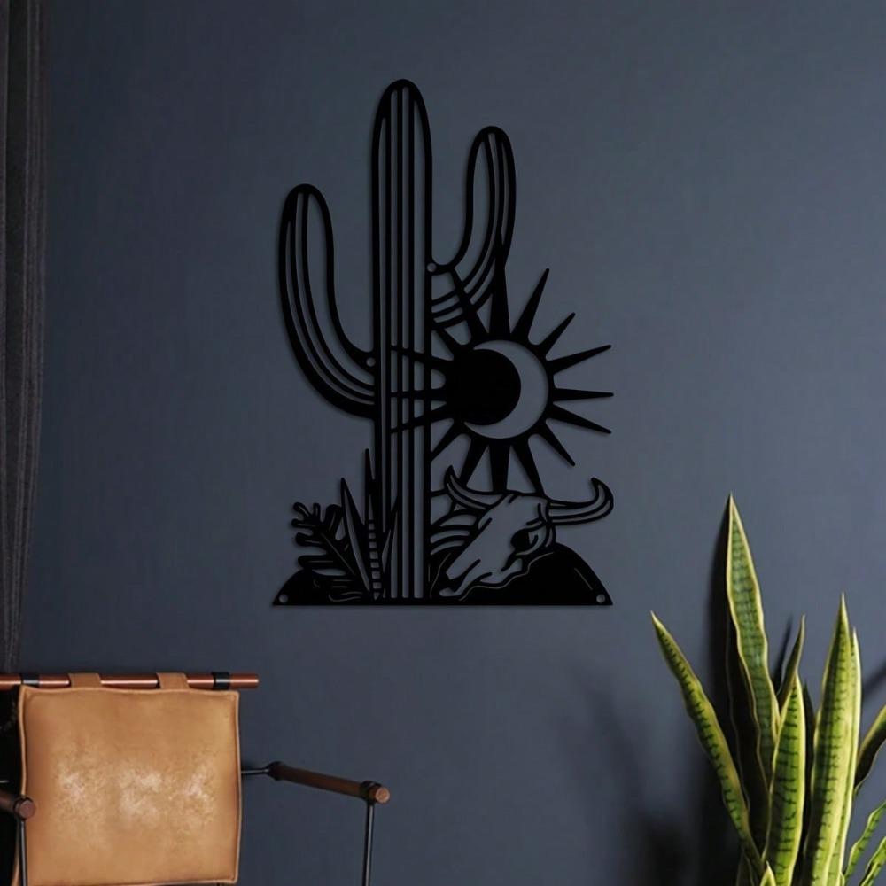 Metal Cactus Wall Art Sun Bull Design Elegant Black Iron Decor Living Room Balcony Gift