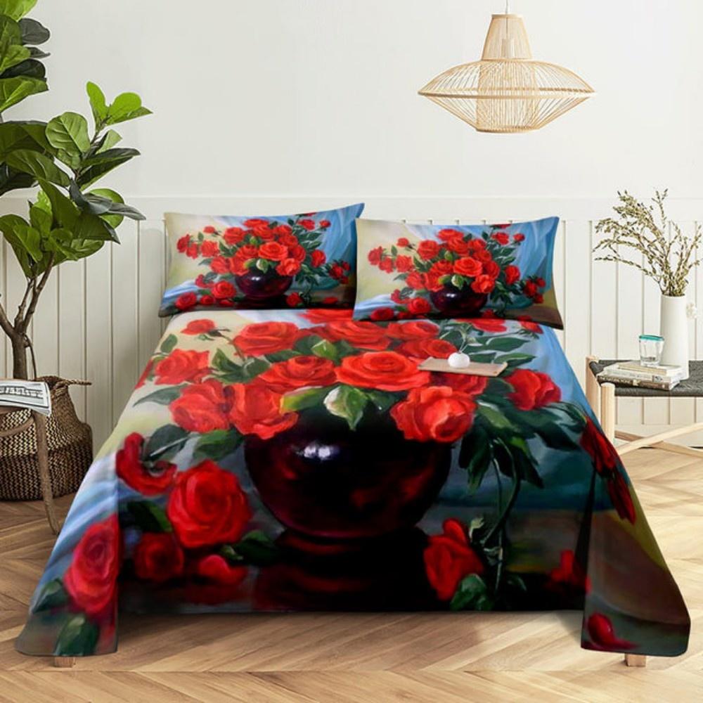 Pink Rose Bed Sheet Sets 3D Print Flowers Bed Flat Sheet for Women Girls King Queen Full Twin Size 2/3pcs Bed Linen Room Decor