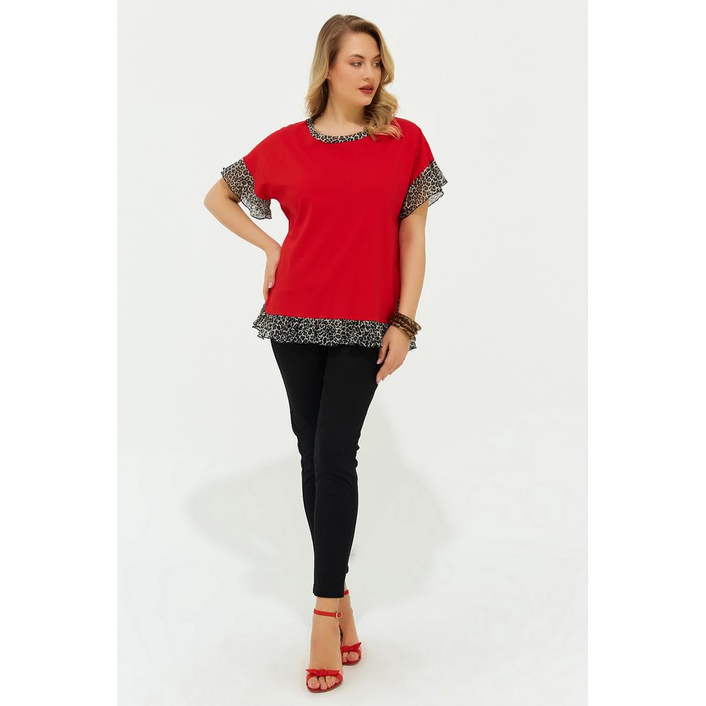 Fierte Bluză Mărimi Mari pentru Femei Lm87080 Gât Rotund Mânecă Scurtă Model Leopard Tricot