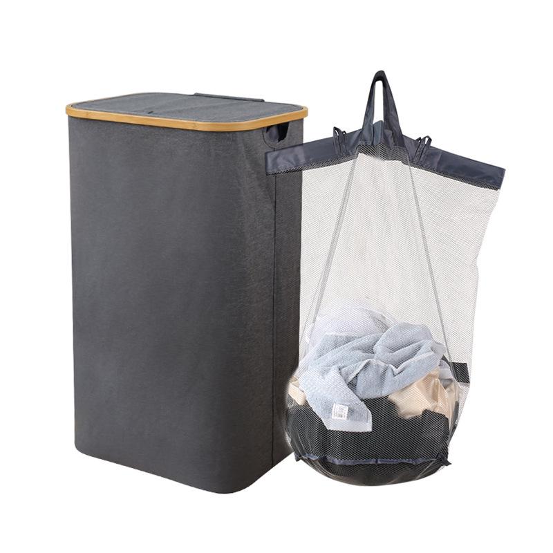 Foldable Bamboo Laundry Basket with Lid and Inner Bag for Bedroom or Bathroom