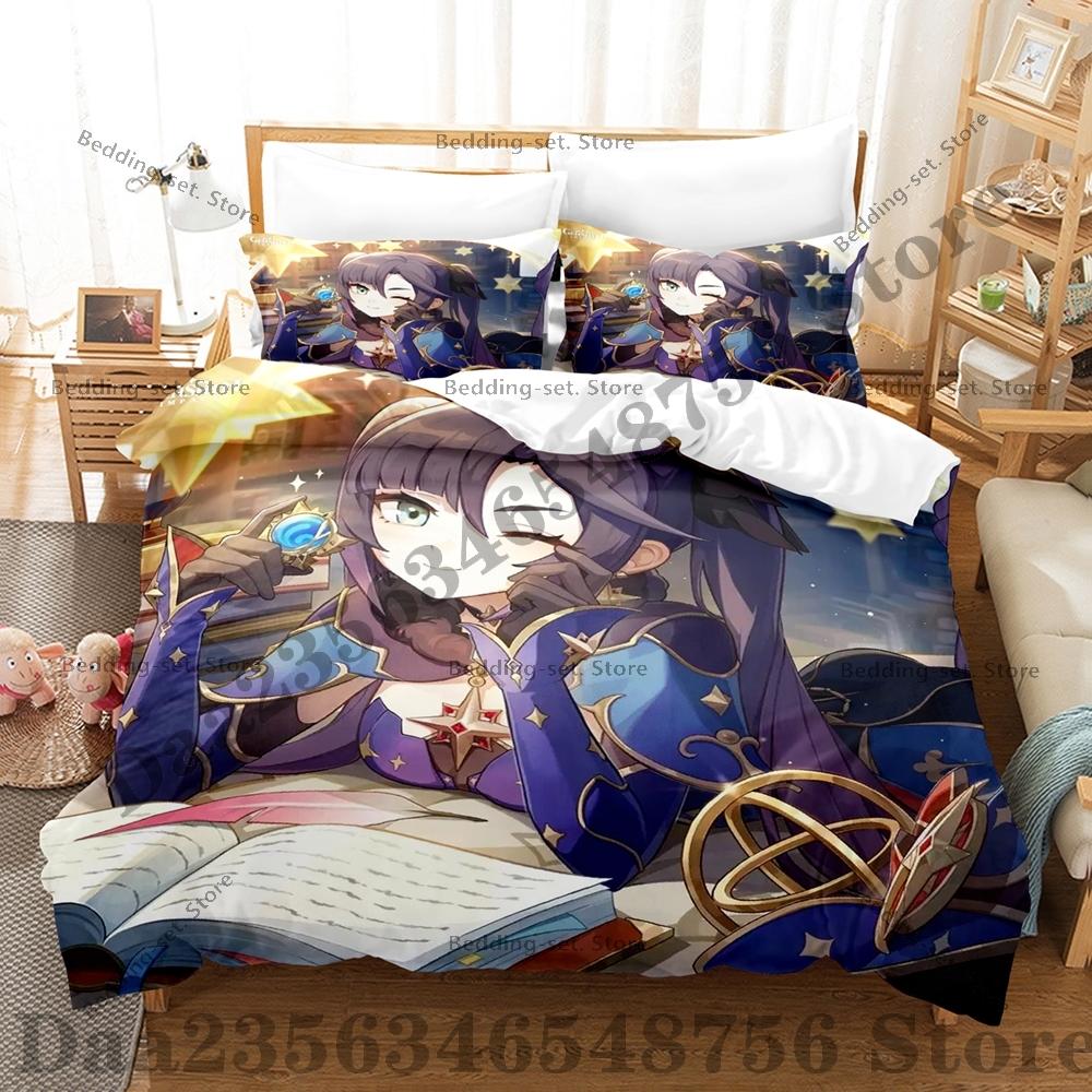 Game Genshin Impact Mona Bedding Set Kawaii Three Piece Set Bed Set Adult Bedroom Duvetcover Sets Anime Bed Sheet Set