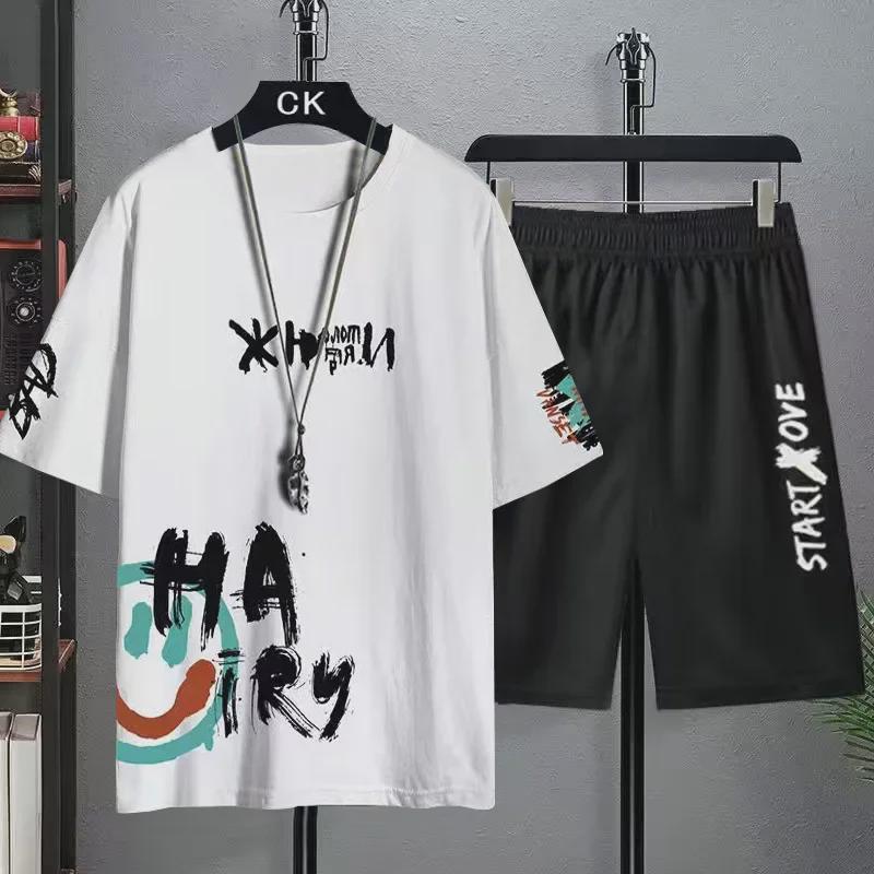 "Men's Summer Casual Short-Sleeved Fashion Suit - Trendy Two-Piece for Teens and Students"