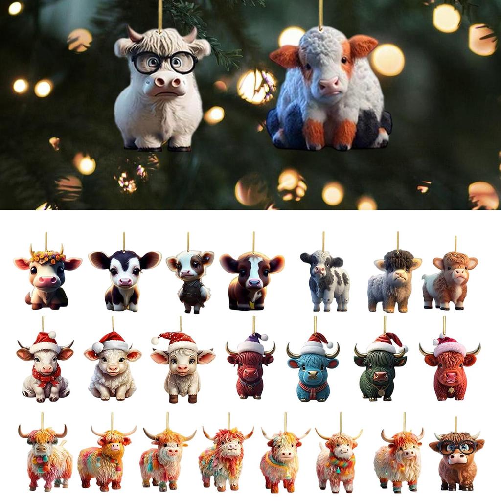 Christmas Highland Cow Advent Calendar 24pcs 2D flat Xmas Tree Interesting Highland Cow Hanging Ornaments Kids Xmas Gifts