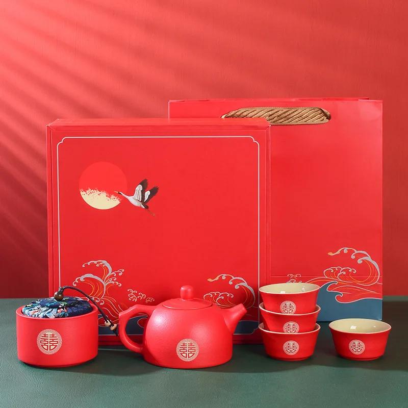 Chinesisches Hochzeit Rotes Teeservice Keramik Teeset Kung Fu Tee Porzellan Gaiwan Tasse Kreative Teezeremonie