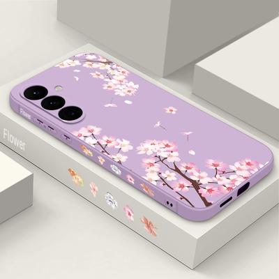 Peach Blossom Patterned Silicone Phone Case For Samsung Galaxy A17 A56 A36 A55 A16 A15 5G A35 A54 A26 A14 Soft TPU Lanyard Cover