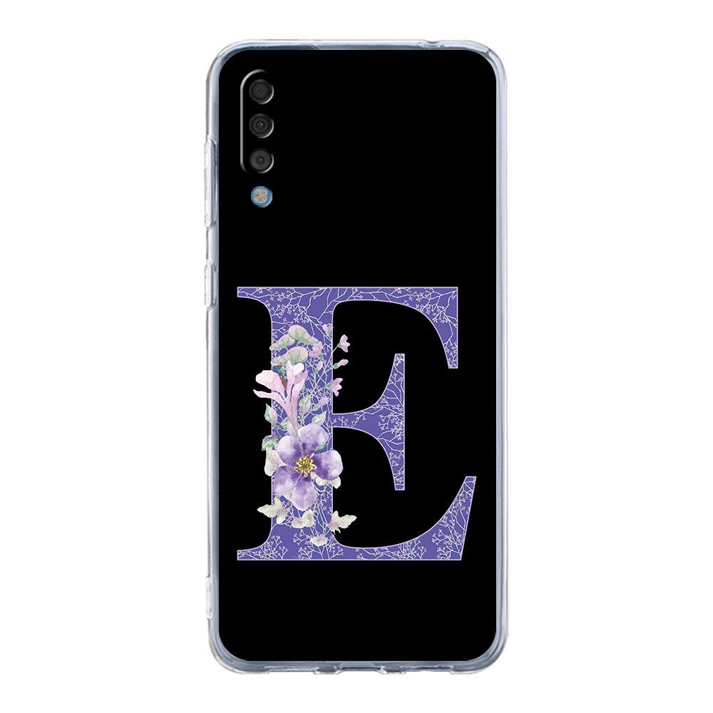 Case For Samsung A56 A36 A26 A16 A14 A12 A22 A32 5G A34 A42 A52 A54 A50 A70 A40 A20E A04S A06 Cover Initial Letter Purple Flower