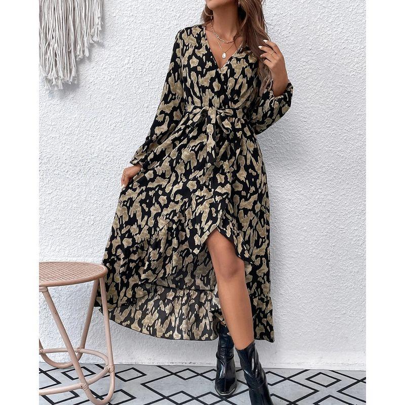 

Fashion Style Elegant Fashion Women s Wear Spring, Autumn and Winter New Pleated Print Long Sleeves Dress Export Independent Station Black Brown Stripes XS