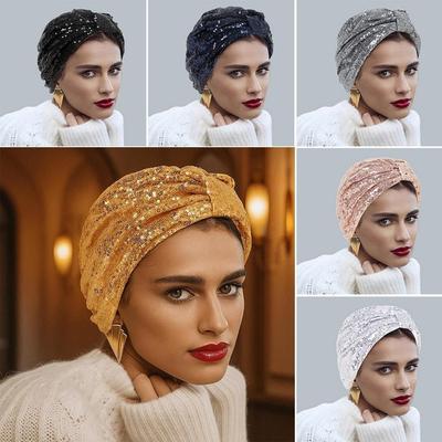 Headwear Hijab Hat Ramadan Muslim Ladies Head Wrap Elegant Muslim Sequin Hijab Scarf  Women