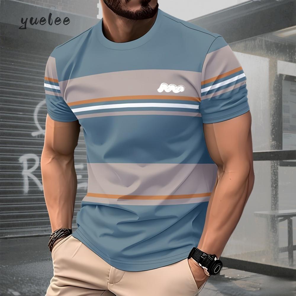 Summer men's fashion striped printed men's knitted shirt, simple plus size men's clothing, versatile O-neck men's short sleeved T-shirt