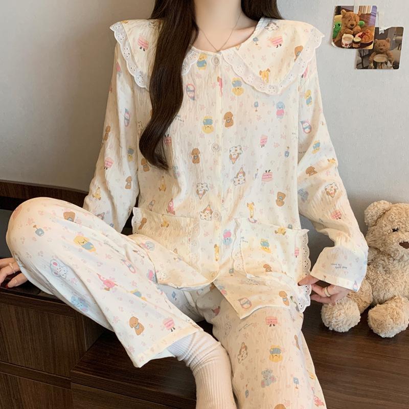 Cartoon Lace Doll Collar Cloud Cotton Long-Sleeved Pajamas Women'S Spring And Autumn Winter Sweet Wind Loungewear