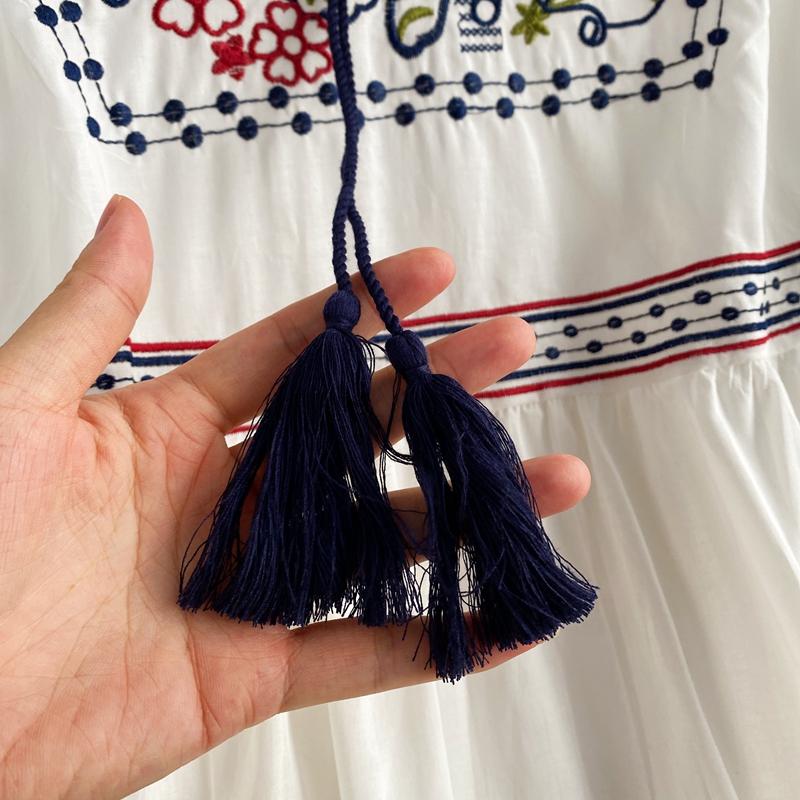 RUGOD Vestido largo con cordones y borlas con cuello en V y bordado étnico Retro para viajes y vacaciones vestido largo de temperamento de moda de manga larga