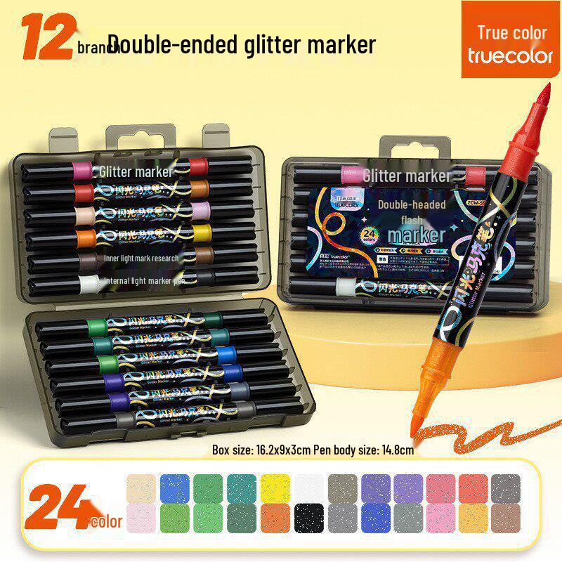 True Color Sparkle Glitter Pen: Double-Ended, Soft Tip, Two-Color, Fluorescent Watercolor Marker for Art Students