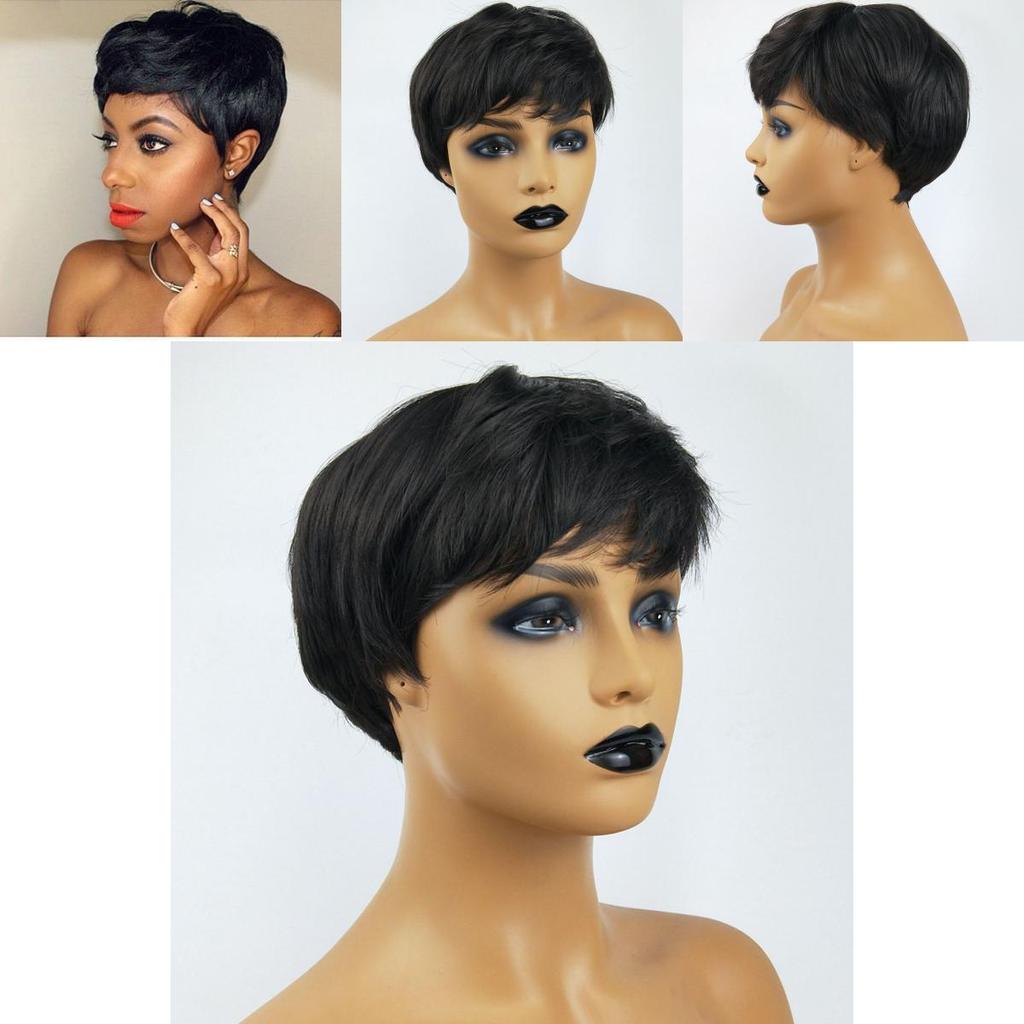 Parrucche Sintetiche Taglio Pixie Classico Parrucche Nere Lisce Con Frangia Capelli Corti Per Donne