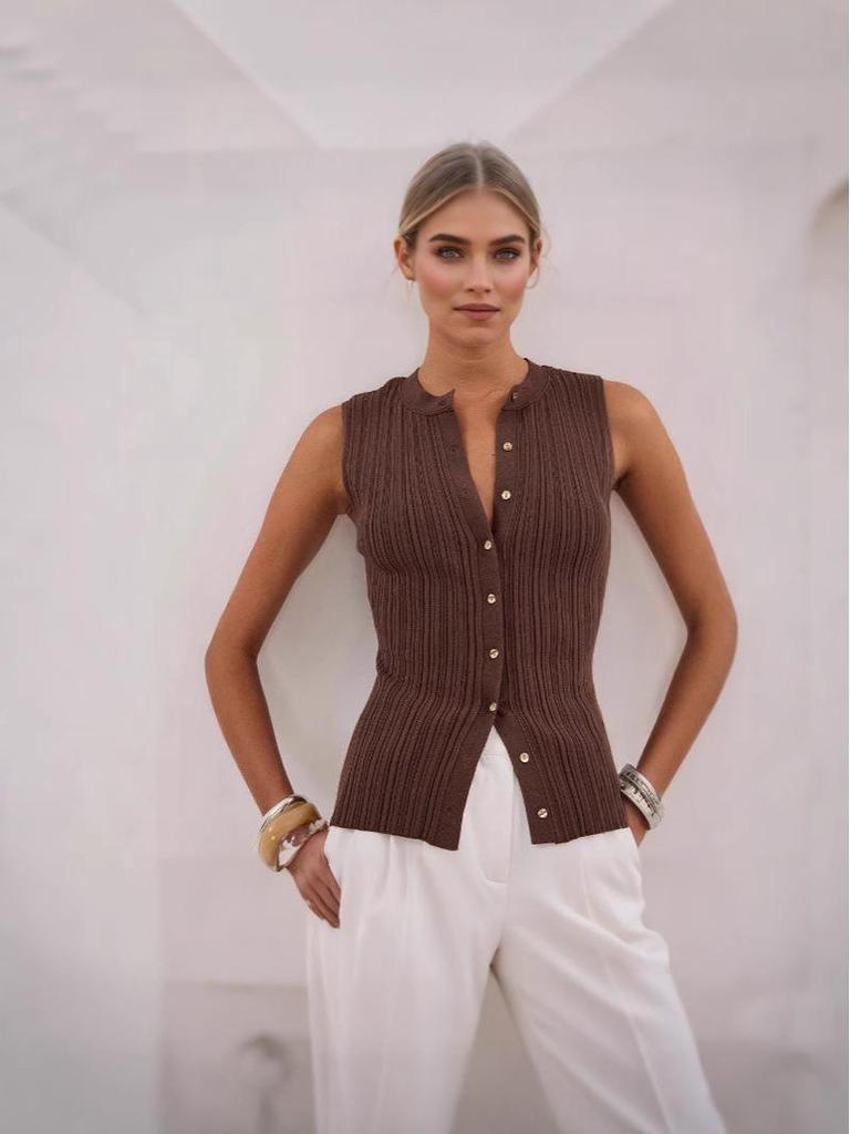 2025 Hnědý žebrovaný pletený kardigan bez rukávů pro ženy