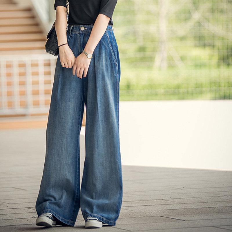Women's High-Waisted Wide-Leg Jeans: Floor-Length, Heavy-Duty Wash, Contrasting Colors, Straight Leg, Leg-Elongating, Loose Fit, Style 3025
