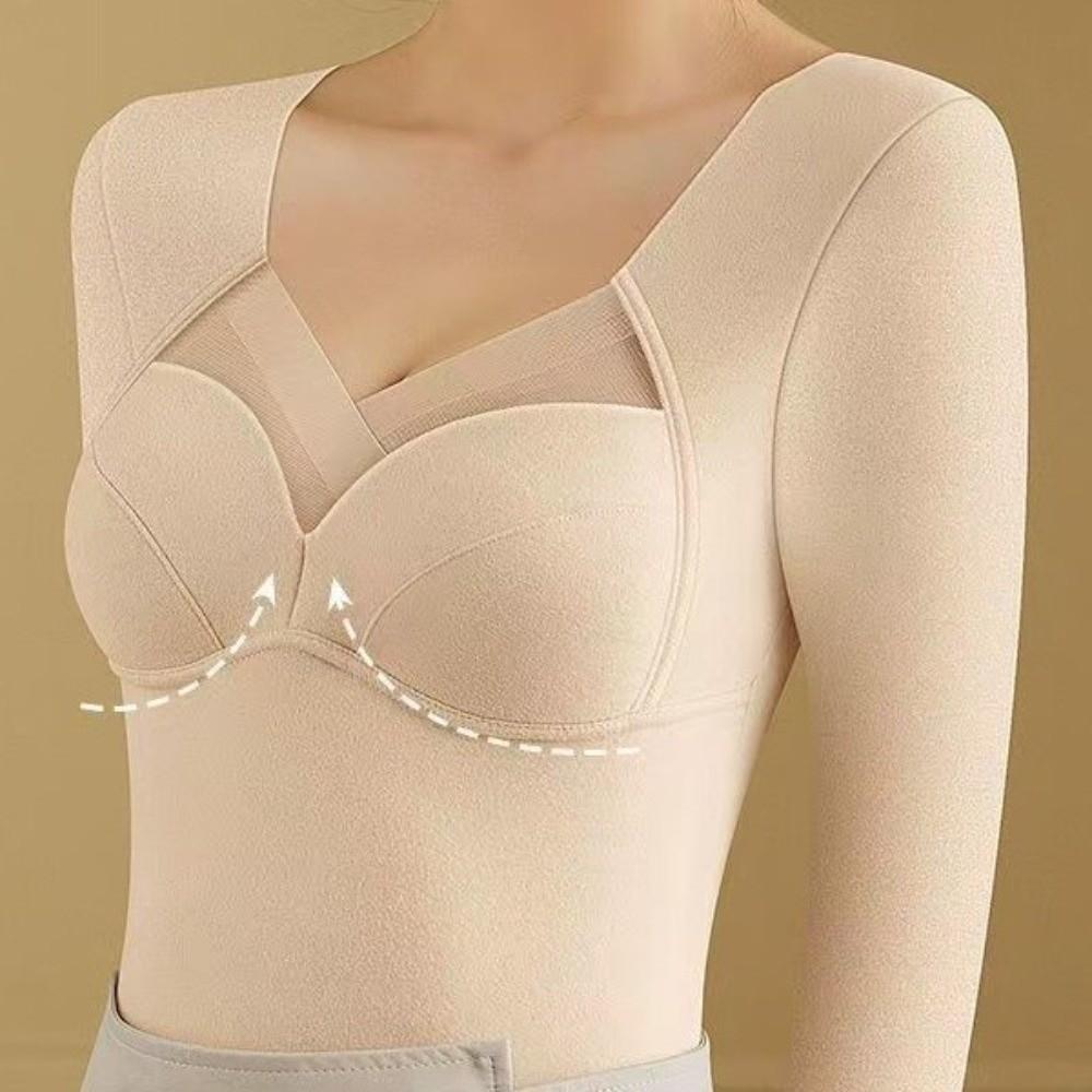 V Mesh Neck Women Thermal Clothes Solid Color Velvet Fleece Thermal Underwear Feel Heating Lingerie Warmth Long Tops Undershirt