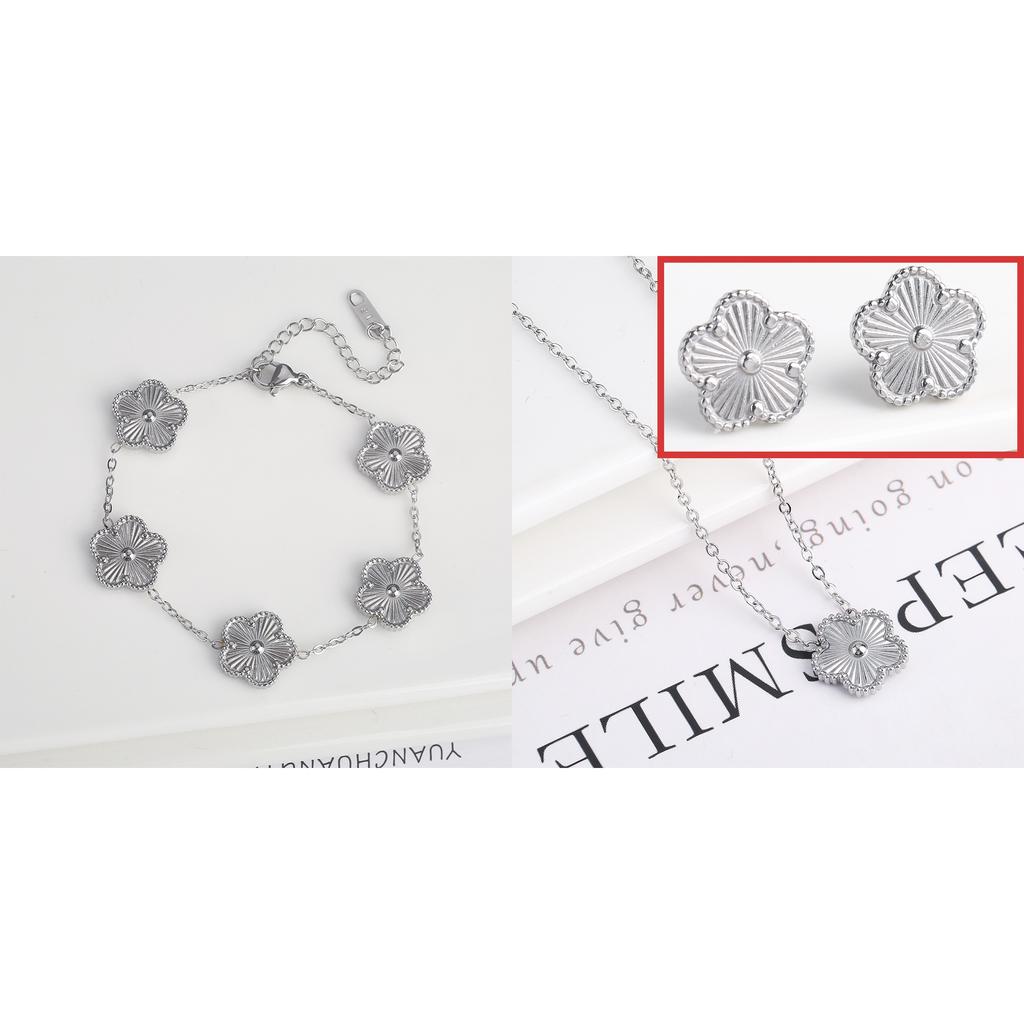 Metal Laser Five Leaf Flower Bracelet Necklace Earrings Zircon Set Classic For Woman Stainless Steel Zircon Daily Wear Clover
