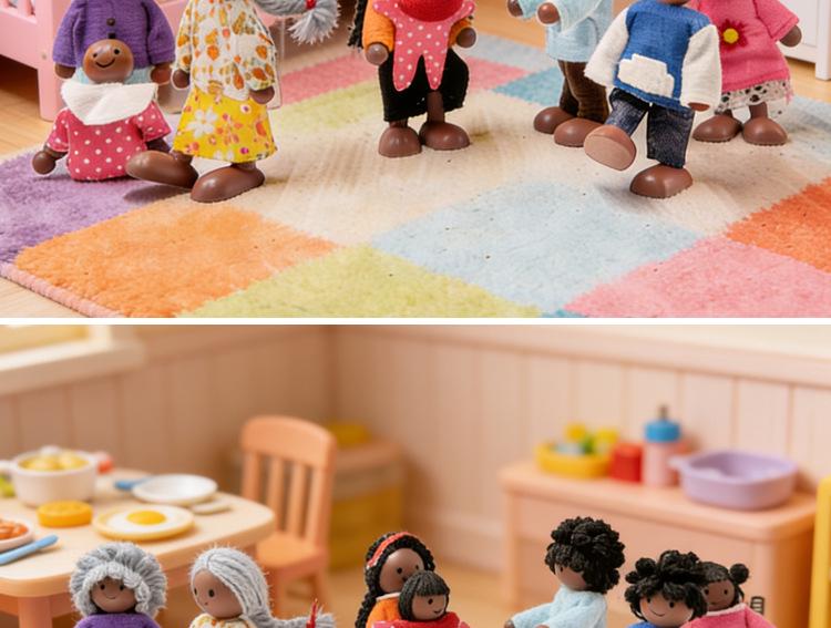 Realistic African American Family of 8: Movable Joint Wooden Dolls for Children's Pretend Play