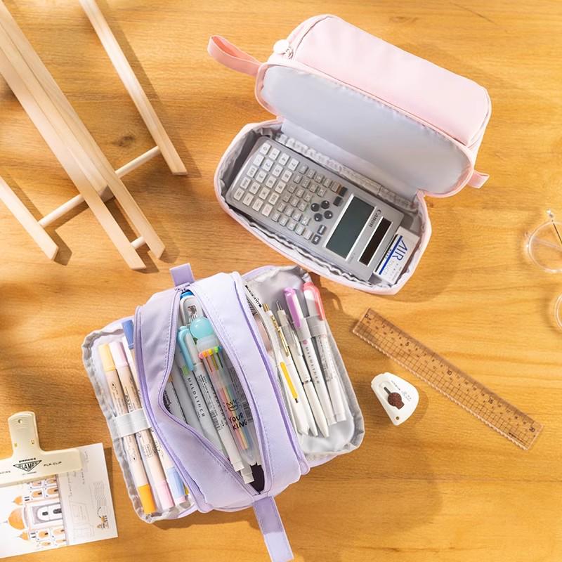 Double Layer Solid Color Pencil Case - Korean & Japanese Style, Large Capacity for Boys and Girls, Middle School Students