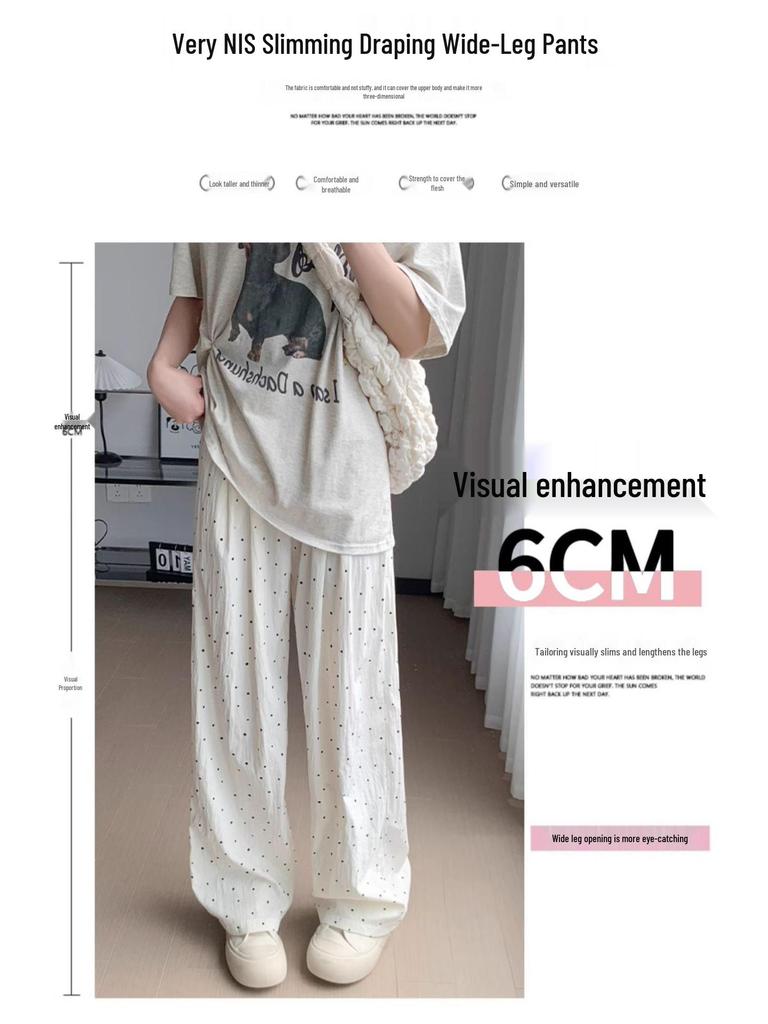 Women's Summer Polka Dot Ice Silk High Waist Wide Leg Pants - White, 2025 Collection