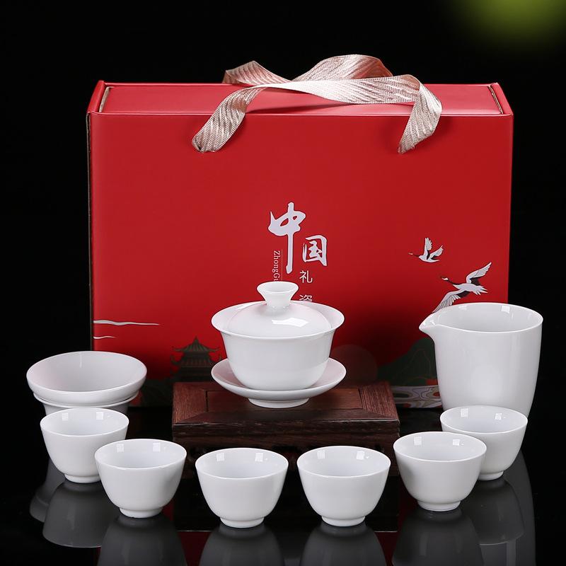 Kung Fu čajová souprava keramický čajový šálek bílý porcelán celá sada modrobílý čajový šálek víčko miska čajová souprava