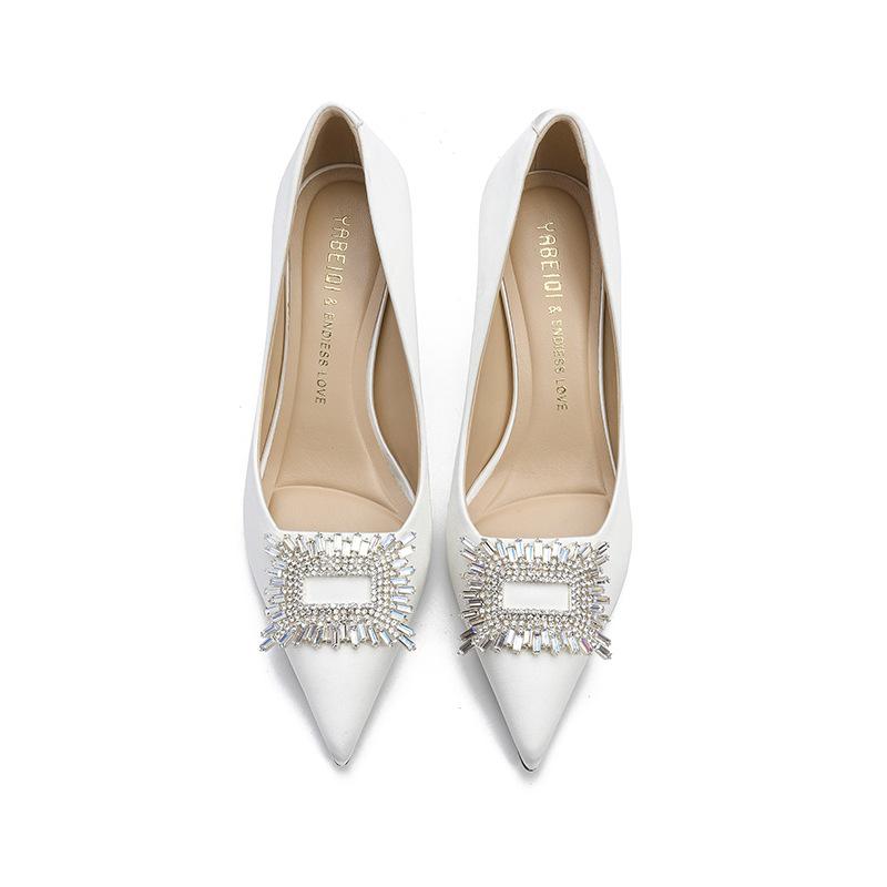 2025 New White Wedding Shoes Crystal Rhinestone Bridesmaids Bride Shoes Thin Heel Pointed Light Mouth Dress High Heel Single Shoes