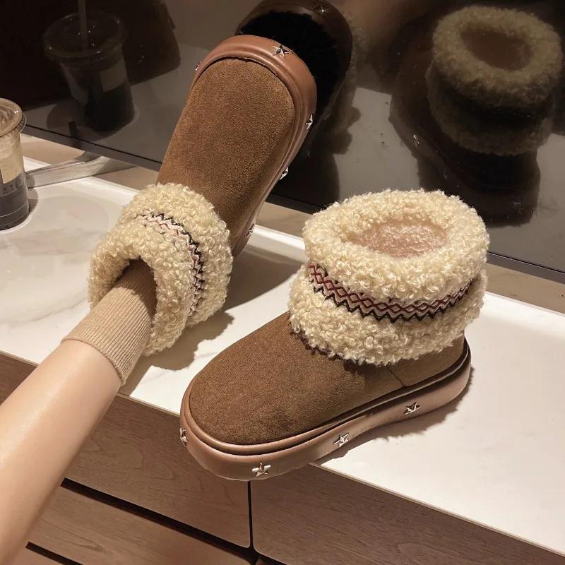 Winter New Platform Snow Shoes Women's Fashion Round Head Suede Embroidery Sleeve Riveted Cotton Boots