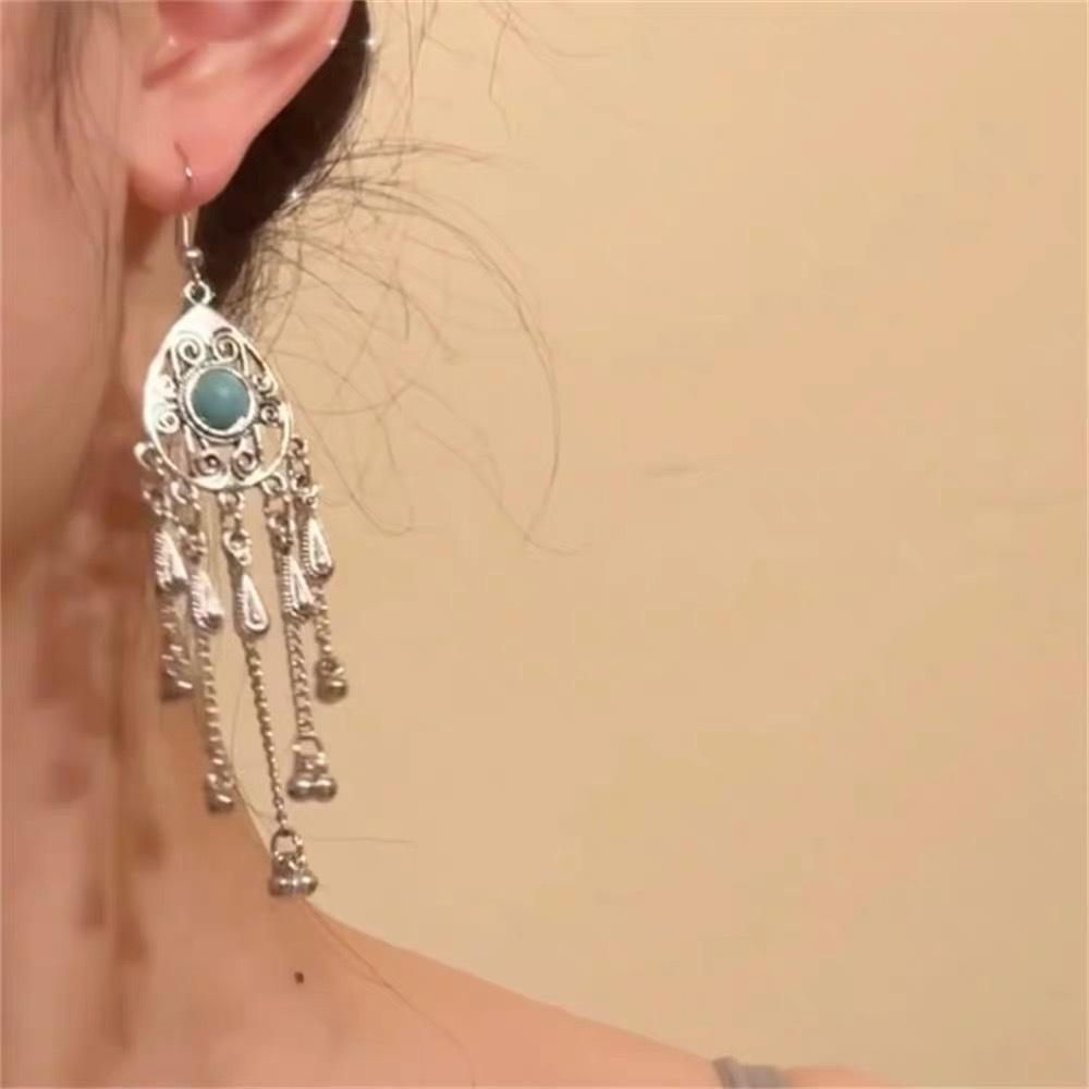 New Chinese style imitation turquoise ethnic style earrings women's niche fringed earrings fashionable versatile style earrings