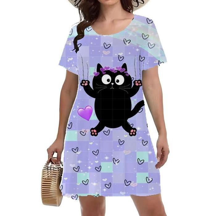 Summer Fashion Colorful Cat Printed Dress Ladies Loose Oversized Comfortable Leisure Breathable Dress
