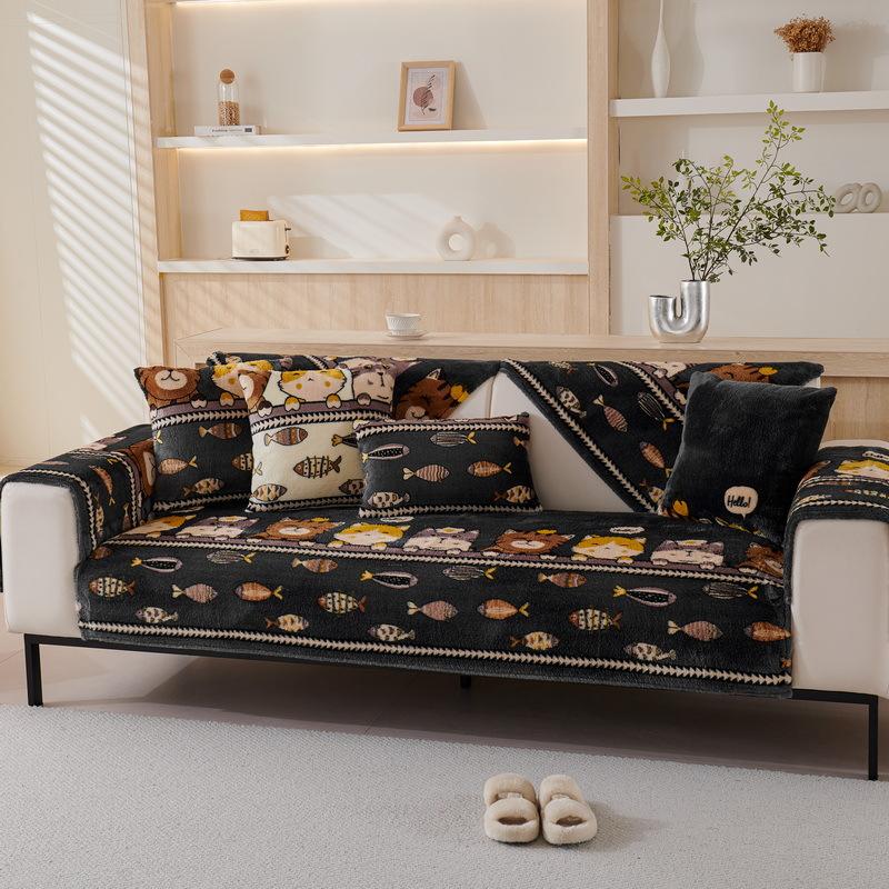 Sofa Cushion Winter Thickened Plush Seat Cushion Simple Cartoon Non-Slip Leather Sofa Cover New Cover Towel