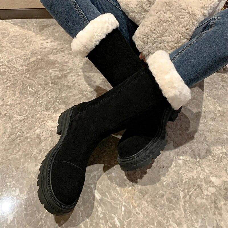 Meotina Bottes mi-mollet en cuir véritable pour femmes, bout rond, talons épais, plateforme, laine, daim, chaussures de mode pour dames, hiver 40