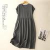 2025 Summer New Simple V-neck Short-sleeved Cotton and Linen Dress Women's Loose Solid Color Medium and Long Dress