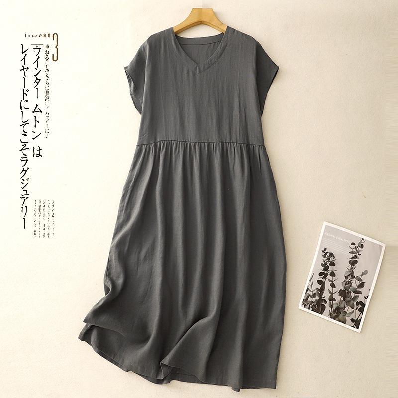 2025 Summer New Simple V-neck Short-sleeved Cotton and Linen Dress Women's Loose Solid Color Medium and Long Dress