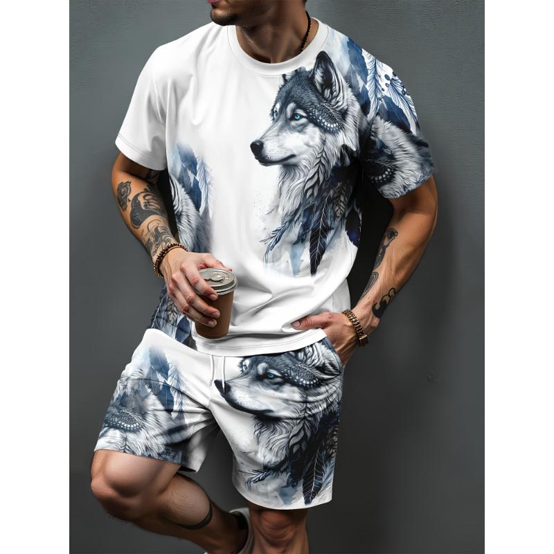 New Lion Print Men's Set Stylish T-Shirt & Drawstring Shorts Set Summer Men's Street Style Two-Piece Sports & Fitness Wear