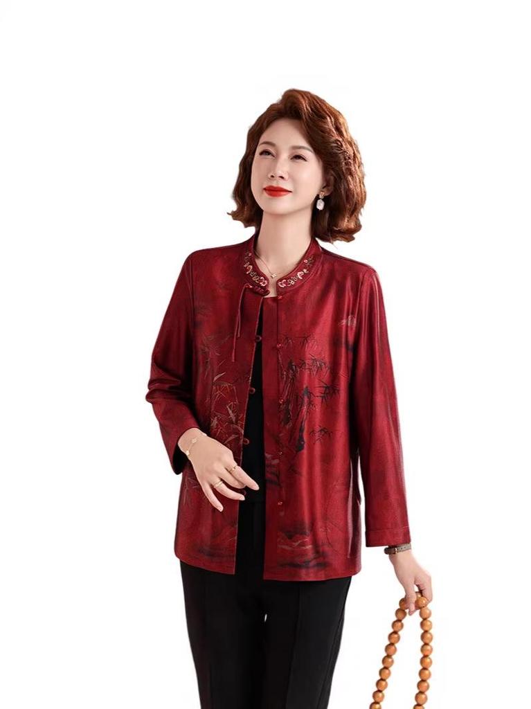 Mom's Chinese Style Long-Sleeve Tang Shirt for Middle-Aged & Elderly Women