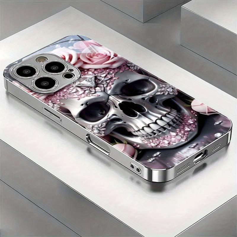 

Pink Rose Metal Skull Pattern Tempered Glass Electroplated Silver Phone Case For Samsung Galaxy S23 S24 S25 Ultra Plus FE Cover Galaxy S23 Ultra