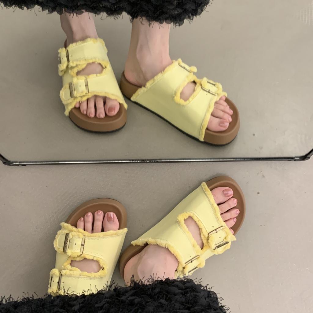 Belt buckle round head leaking toe half slippers women's 2025 summer new outer wear Boken sandals retro casual beach women's shoes
