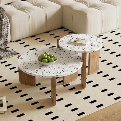 Moderner Couchtisch 2er-Set, Beistelltisch für Wohnzimmer und Balkon, 70x70x35 cm+50x50x45,5 cm, Weiß+Holzfarbe
