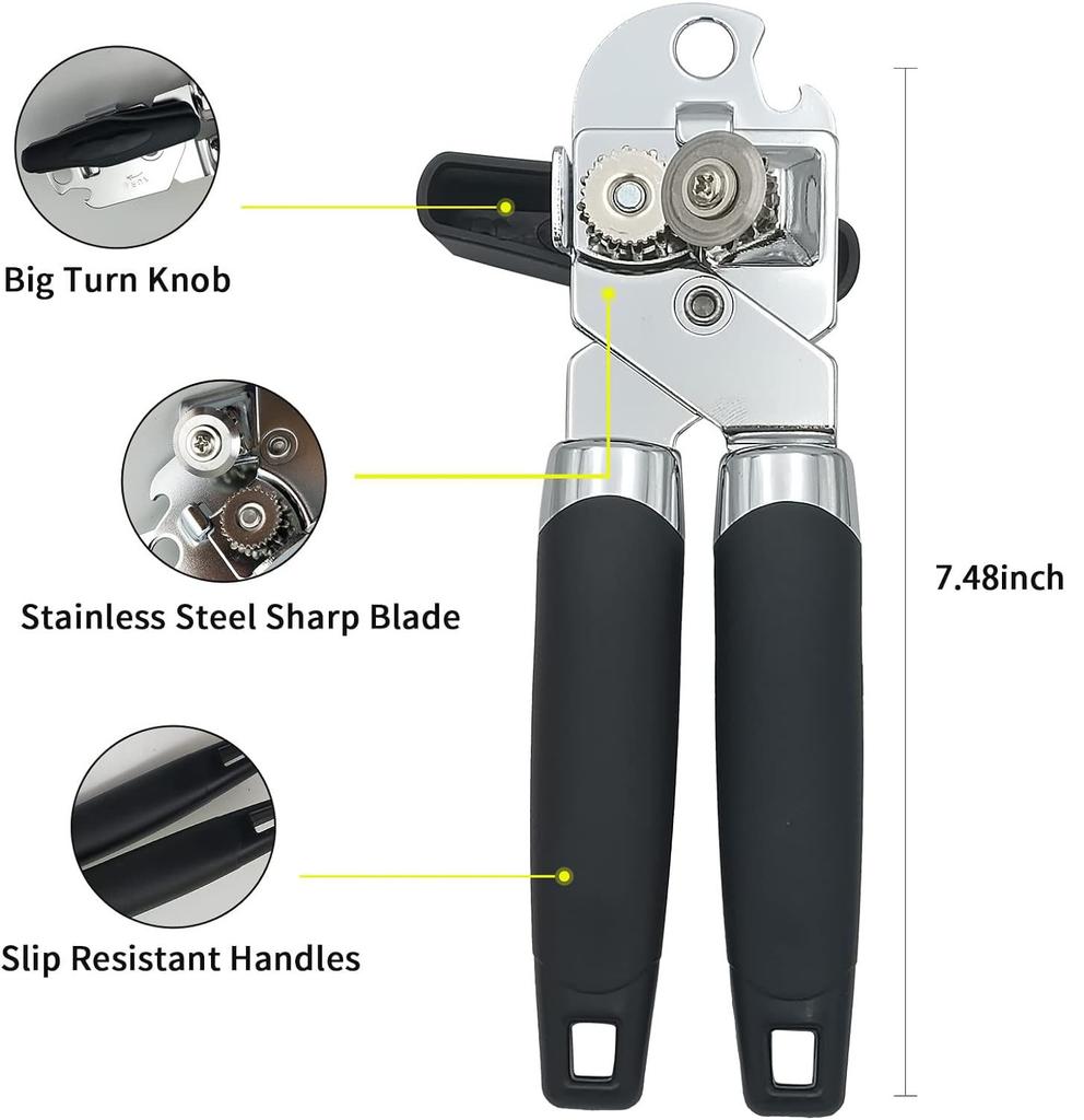 Can Opener Manual, Handheld Strong Heavy Duty Stainless Steel Can Opener, Can Openers with Multifunctional Bottle Opener
