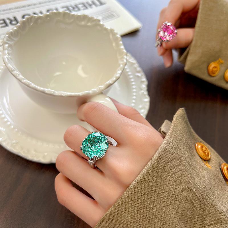 Jewelry Copper Bottom Gold-Plated Imitation Rose Cut Sea Blue Temperament Ring Main Stone 16Mm