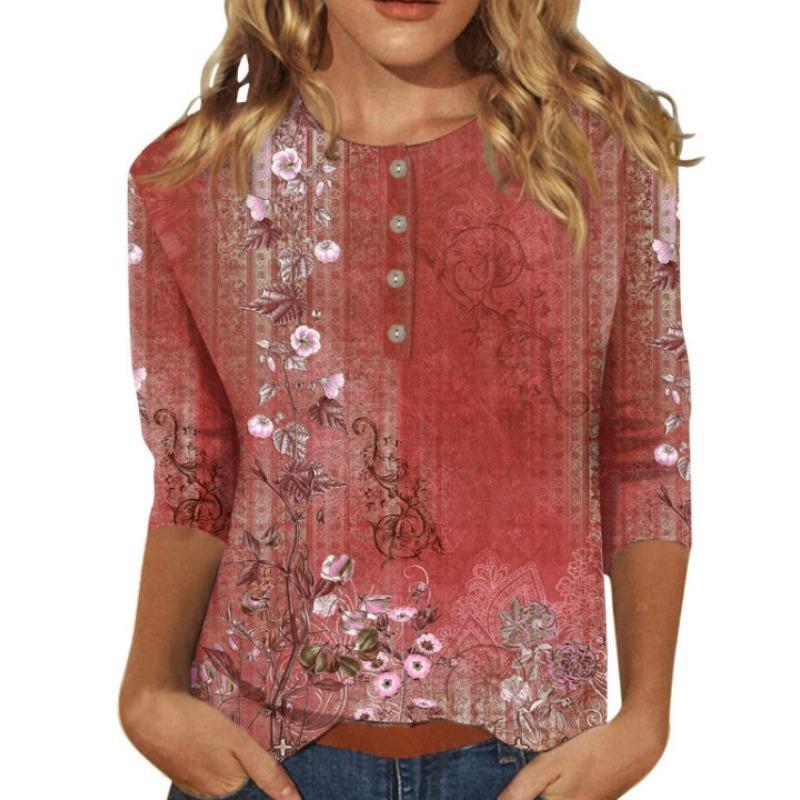 Button V-neck 3D Printed Top Fashionable Casual Long Sleeved Women's T-shirts